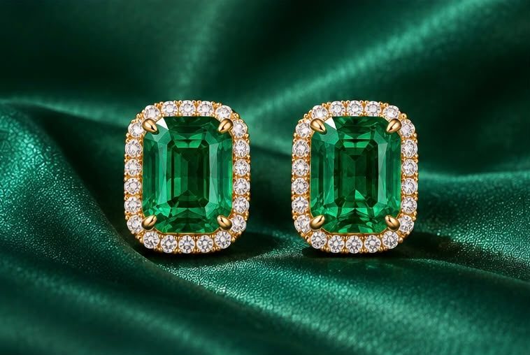 Emerald halo stud earrings