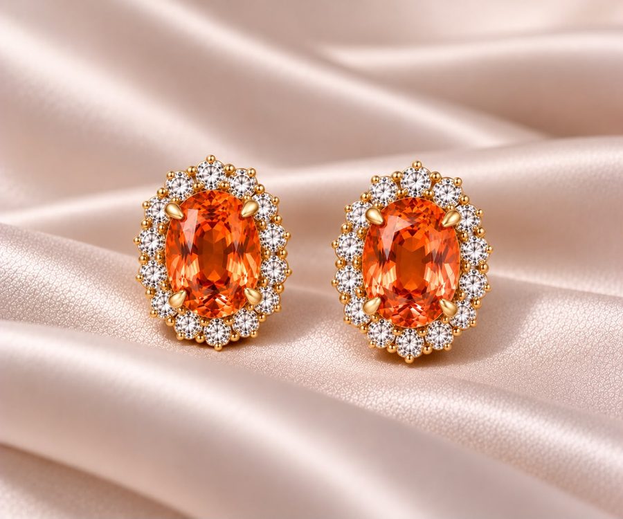 Orange sapphire halo earrings