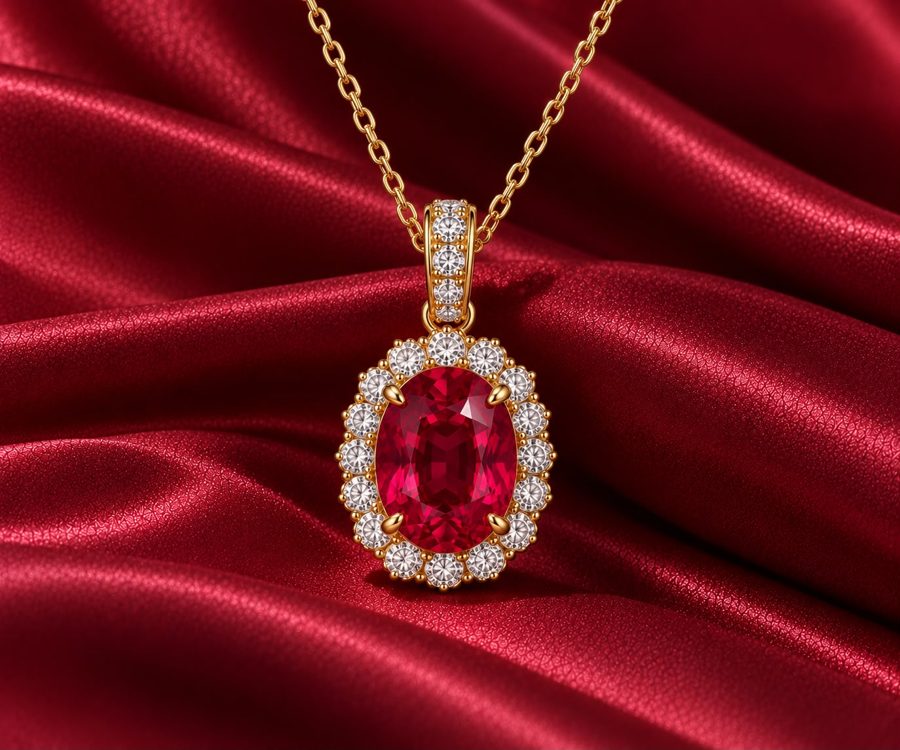 Ruby halo pendant on gold chain