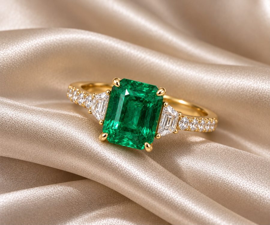 Emerald ring with diamond side stones